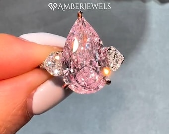 Unique 7.00 CT Pink Sapphire Pear Cut 3 Stone Engagement Ring, 14k White Gold Pink Pear Bridal Ring With Heart Cut Side Stone & 3 Side Pave.