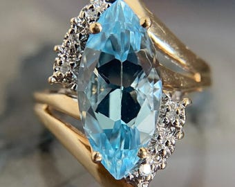 Vintage 14k Solid Yellow Gold Aqua Blue Marquise Cut Blue Topaz Half Halo Engagement Ring, 14*7 MM  Marquise Cut Blue Topaz Wedding Gift.