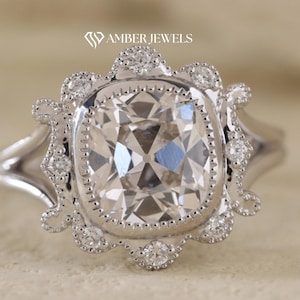 Unique Designer Split Shank pave Old Mine Cushion Cut Engagement Ring, Vintage Style Old Mine Cushion Moissanite Ring With Round Cut Stones.