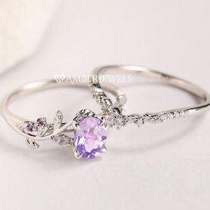 Unique Leaf Style 14k White Gold Oval Cut Lavender Amethyst Cluster Engagement Ring With Matching Band, Oval Lavender Amethyst Bridal Set.