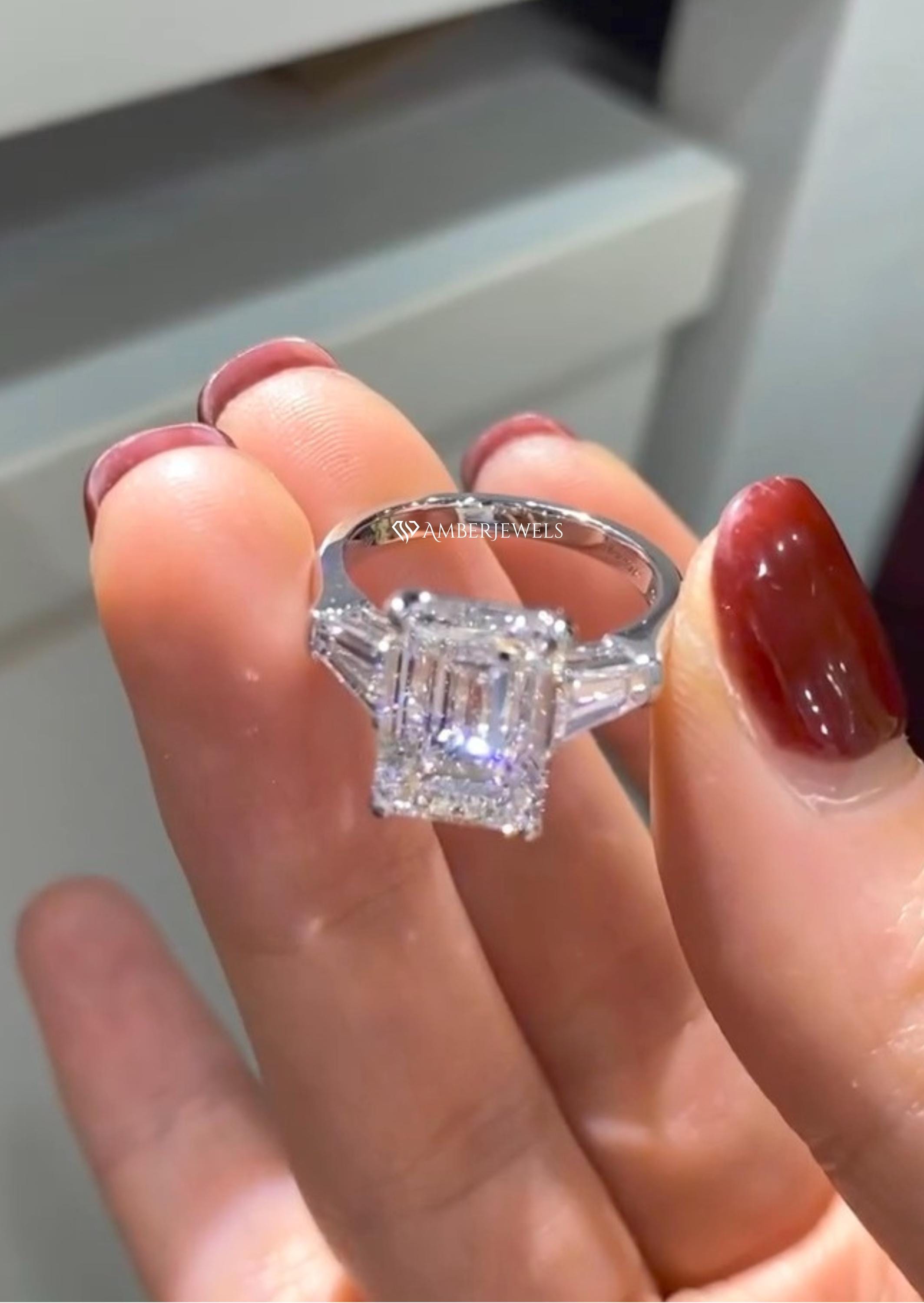 Emerald Cut Diamond Three Stone Engagement Ring With Side Tapered ...