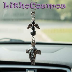 Jesus Cross Car Mirror Hanger: Hematite Angel Charm, Religious Gift