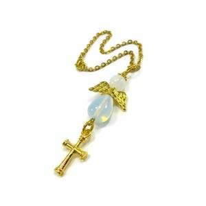 Angel Protection Car Mirror Charm Gift, Moonstone Gift, Car Protection, Guardian Angel Charm, Gold Car Gift, Cross Car Charm Accessory Gift