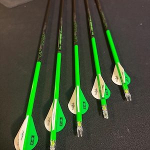 May include: Six green and black arrows with white fletching and black tips. The arrows are labelled with "Easton" in black lettering.