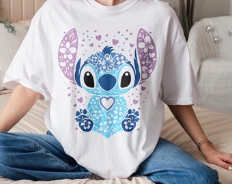 Jolie chemise à fleurs en point de croix, chemise Disney Lilo & Stitch, chemise Stitch Party, chemise Disney pour enfants, chemise Disneyland, chemise Disney World