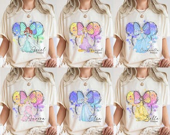 Watercolor Coquette Bow Disney Princess Shirt, Cinderella Snow White Ariel Belle Rapunzel Tee, Girl Disney Trip Shirt, Princess Castle Shirt
