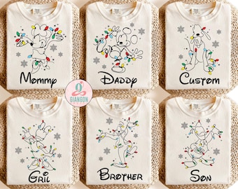 Chemise guirlande lumineuse Disney personnalisée, chemises de Noël famille Disney personnalisées, chemises groupe de Noël Disney, chemise fête de Noël Disney