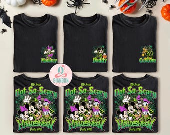 May include: Black t-shirts with Halloween designs. Some shirts have characters with the words "Mommy", "Daddy", and "Custom". Other shirts display "Mickey's Not-So-Scary Halloween Party 2020" with cartoon characters.