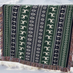 Blanket Nordic Moose Fair Isle Green and Navy Winter Throw with Snowflake Knit Pattern Cozy Cabin Christmas Decor