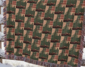 Rustic Forest Moose Woven Blanket Cabin Lodge Throw