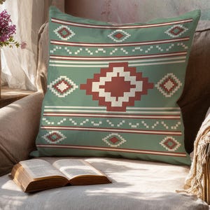 Southwestern Geometric Pillows & Pillow Cases Sage Green Rust Red Diamond Pattern Aztec Inspired Rustic Boho Farmhouse Living Room Accent