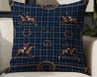 Polo Player Equestrian Pillows and Pillow Cases, Blue Plaid Horse Jumping Decor, Classic Sporty Home Accent, Sophisticated Countryside Style
