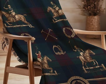 Equestrian Polo Pattern Blanket Elegant Plaid Throw with Horse and Rider Design Classic Country Club Home Decor