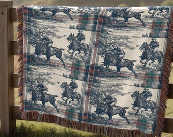 Equestrian Polo Woven Blanket Vintage Horse Riding Throw Classic Plaid for Country Home Decor and English Style