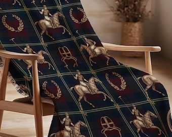 Equestrian Polo Pattern Blanket Elegant Plaid Throw with Horse and Rider Design Classic Country Club Home Decor