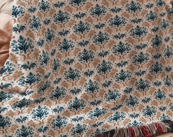 Vintage blå och guld damask filt elegant barock blommig pläd, klassisk fransk stil filt för heminredning