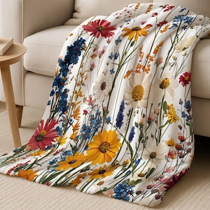Earthy Rust Blue Wildflower Woven Blanket, Botanical Floral Art Velveteen Plush Throw, Cottagecore Meadow Flowers Decor Gift