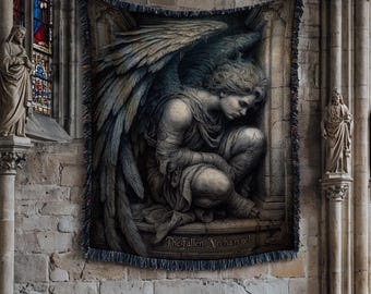 Dark Academia Fallen Archangel Woven Blanket Gothic Angel Art Throw, Moody Vintage Aesthetic Decor