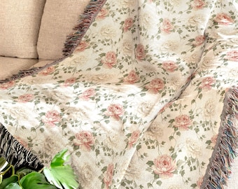 Rose Blanket Floral Shabby Chic Cottage Throw with Romantic Pink Peony Pattern French Country Decor