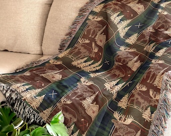 Rustic Moose Cabin Blanket Cozy Plaid Throw with Woodland Forest and Lodge Pattern Warm Winter Cabin Home Decor