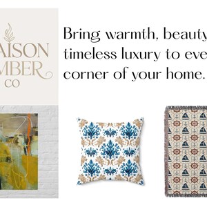 Maison Ember logo, abstract art, damask pillow, and anchor-themed throw blanket.