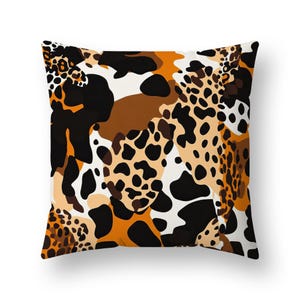 May include: Square cushion with a striking abstract animal print design. The pattern features a mix of black, brown, orange, and white shapes, creating a bold visual effect. A decorative accent for any room.