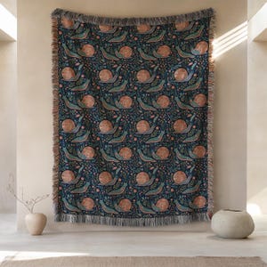 Tapestry with a repeating pattern of stylized snails and flowers.