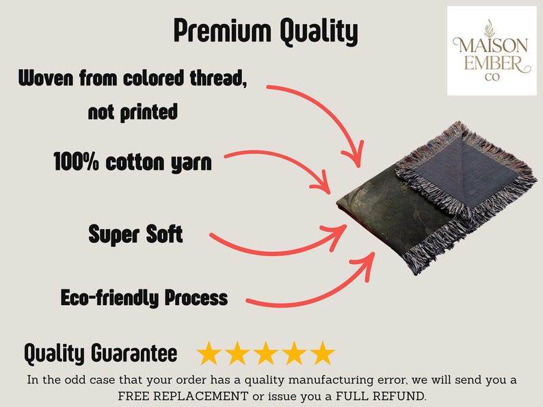 Woven, not printed, 100% cotton yarn tapestry with "MAISON EMBER CO" logo.