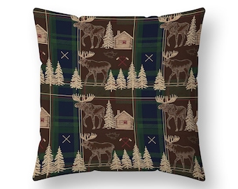 Rustic Lodge Decor Pillows, Cabin Decor Pillow Case, Plaid Moose Pillow, Woodland Pillowcases, Cozy Pillows, Cabin Pillow, Moose Decor