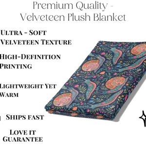 Velveteen plush blanket with a dark blue floral and snail print.