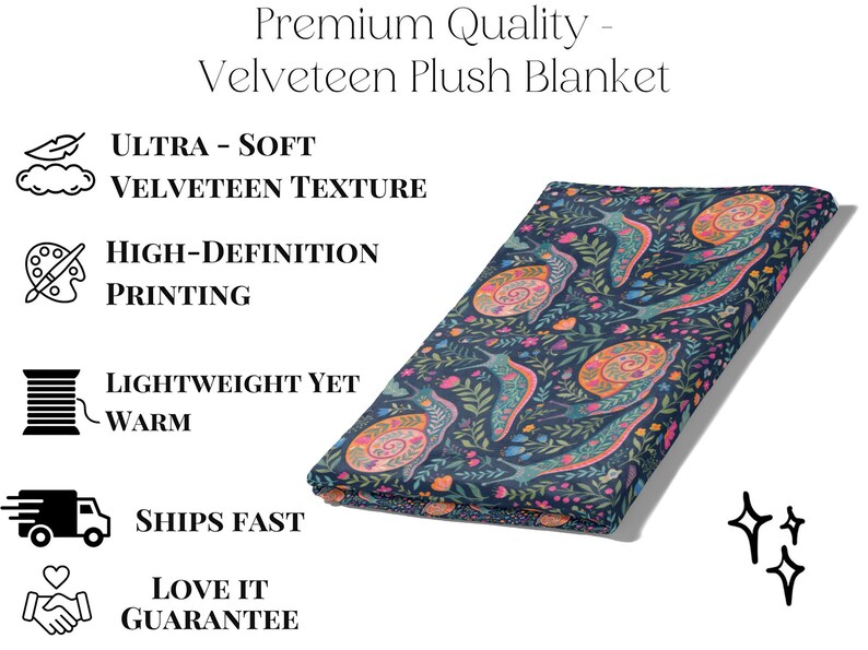 Velveteen plush blanket with a dark blue floral and snail print.