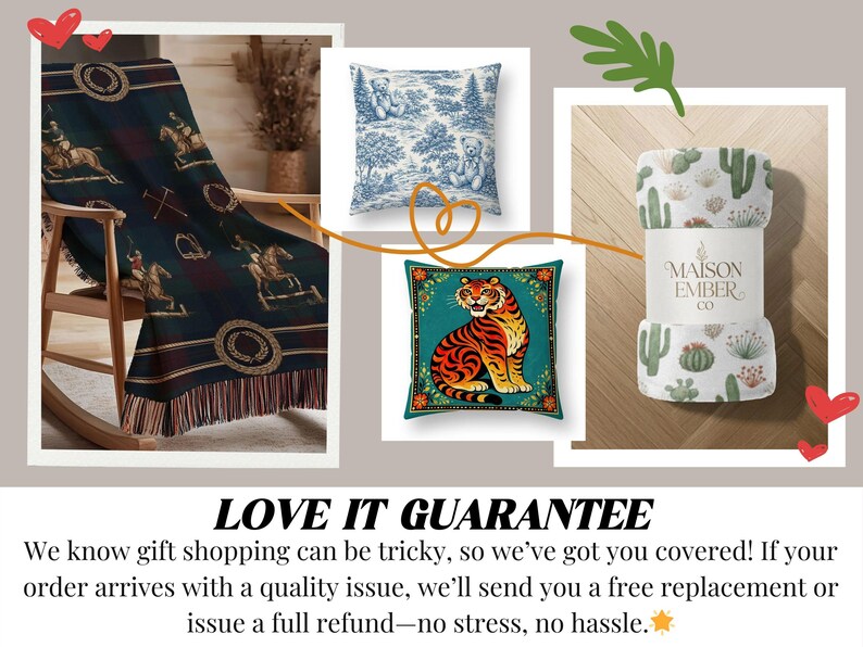 Collage of rocking chair with blanket, tiger pillow, and cactus blanket.