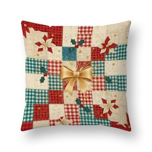 May include: Square cushion with a patchwork design. The cushion features a pattern of red and green checkered squares, cream-coloured squares, and a gold bow in the centre. Poinsettias and holly accents are also included in the design.