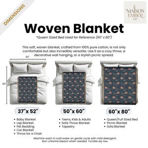 Woven blanket shown in three sizes with dimensions and listed uses.
