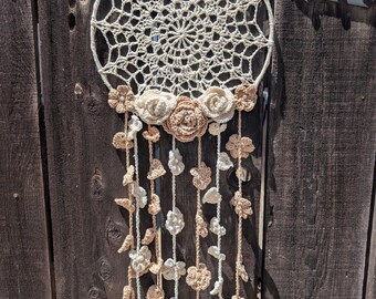 Crochet Dream Catcher with Flowers in Cream and Beige with small pearls on a 12" ring.  Free Shipping