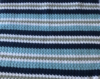 Crocheted Baby Blanket in Blue Gray and White 30”X34”