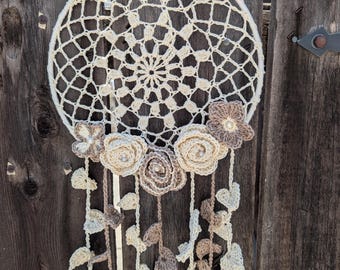 Crochet Dream Catcher with Flowers in Cream and Taupe with small pearls on a 10" ring.  Free Shipping