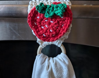 Crochet Strawberry Dishcloth Holder with Wood Ring for your oven or cabinet    Free Shipping