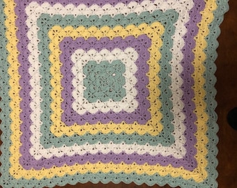 Shells Crocheted Baby Blanket - Glacier, Buttercup, White, and Orchid -35" X 35"