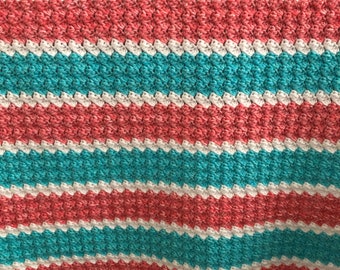 Crochet blanket - Turquoise-Dark Coral-White - 32”X38”