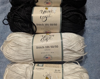 Yarn Bee Stitch 101 50/50 Lot of 4 Black & White Catagory 4 Each skein has 180 yds 50 percent Acetate 50 percent Modal  Free Shipping