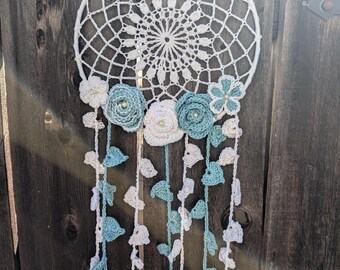 Crochet Dream Catcher with Flowers in Cream and Aqua Blue with small pearls on a 10" ring.  Free Shipping