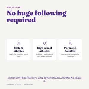 May include: An informational graphic with the purple text Who it's for, No huge following required, and three white boxes featuring icons and text for College athletes, High school athletes, and Parents & families, plus a concluding statement.