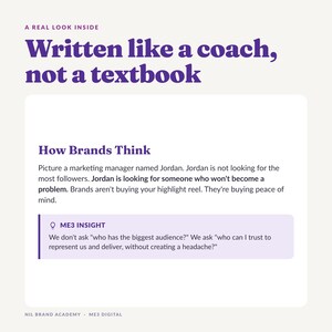 May include: A digital graphic featuring the text A REAL LOOK INSIDE Written like a coach, not a textbook. Below, a section titled How Brands Think discusses marketing managers and brand trust, followed by a ME3 INSIGHT box with a light purple background.