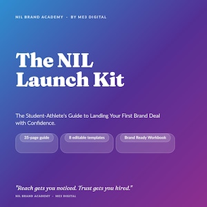 May include: A digital product cover titled The NIL Launch Kit by NIL Brand Academy and ME3 Digital. It features a blue to purple gradient background with white text, including a 35-page guide, 8 editable templates, and a Brand Ready Workbook.