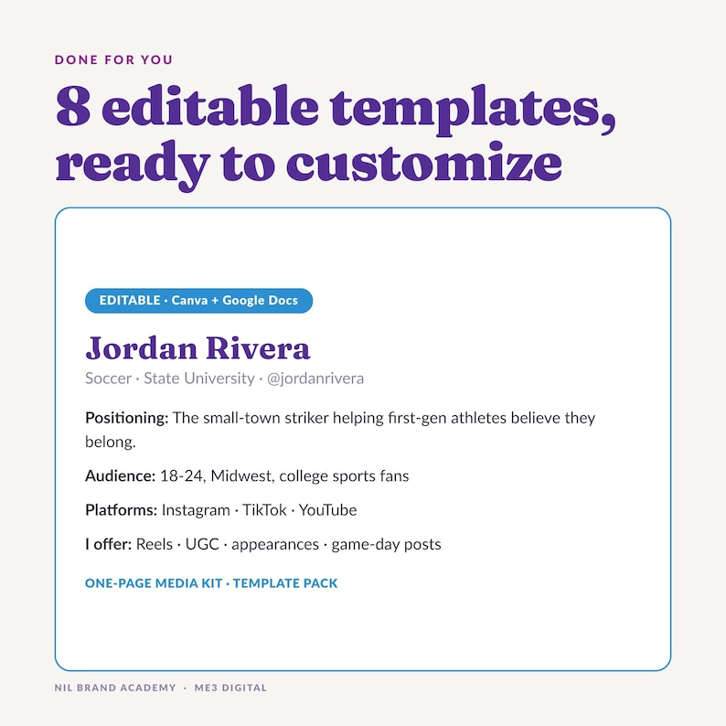 May include: A digital template pack featuring 8 editable templates for a one-page media kit. The text reads: Done for you, 8 editable templates, ready to customize, Jordan Rivera, Soccer, State University, Positioning, Audience, Platforms, and I offer.