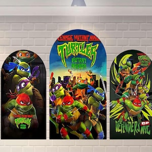 May include: Three Teenage Mutant Ninja Turtles posters. The posters feature the turtles in action poses with the words "Teenage Mutant Ninja Turtles" and "Mutant Mayhem". The posters are in a variety of colors, including green, red, blue, and purple.