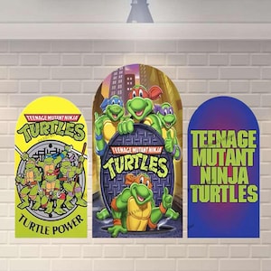 May include: Three Teenage Mutant Ninja Turtles themed wall art pieces. The left piece is yellow with the words "TURTLE POWER" and "TURTLES". The center piece features the turtles around a sewer cover. The right piece is blue with "TEENAGE MUTANT NINJA TURTLES".