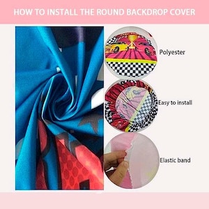 May include: Image showing how to install a round backdrop cover. The cover is made of polyester and has an elastic band. The backdrop has a blue design with red and white accents. The image also shows a close-up of the cover's design.