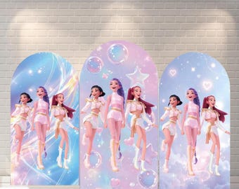 Telón de fondo del arco de cazadores de demonios del K-Pop y cubiertas cilíndricas del arco del K-Pop